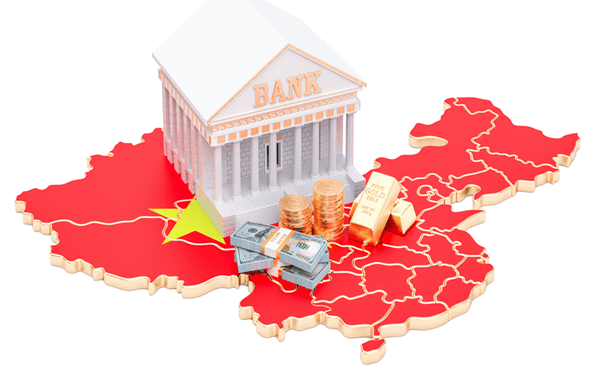 중국국기위에 위안화와 달러 은행모형이 올려져 있다
